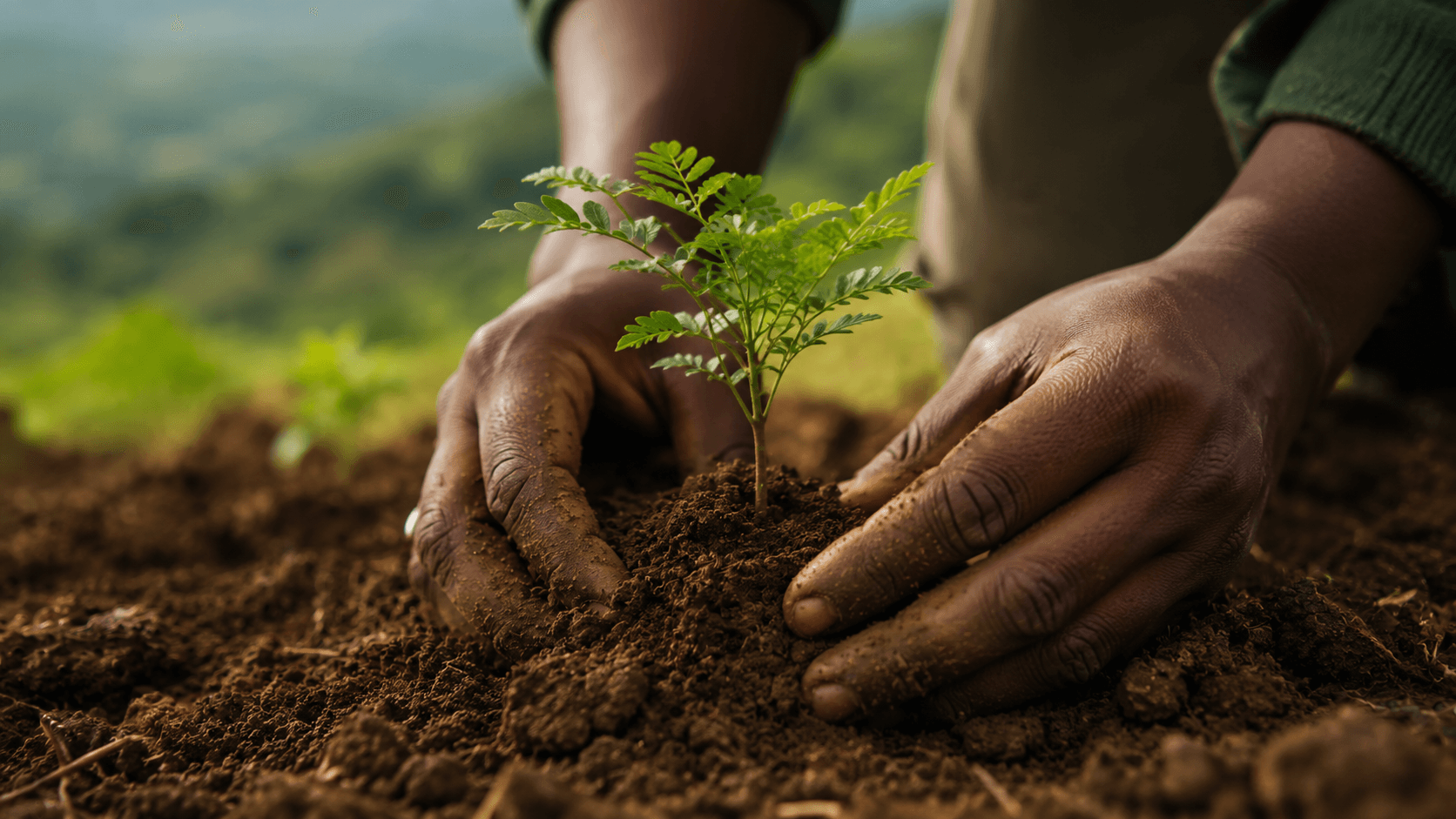 Hands planting a tree seedling for ecosystem restoration